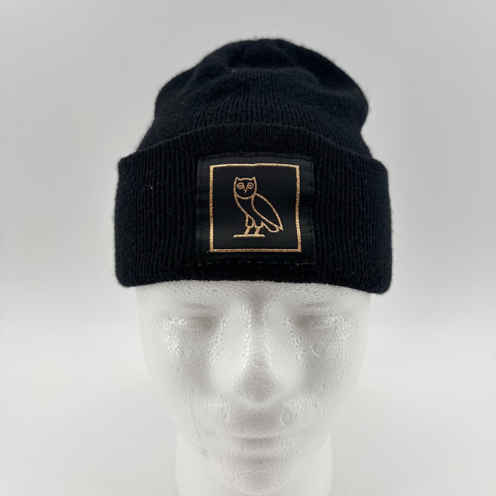 OVO Beanie October's Very Own OS Black Merino Wool Gold Owl‎ Patch Mens Hat